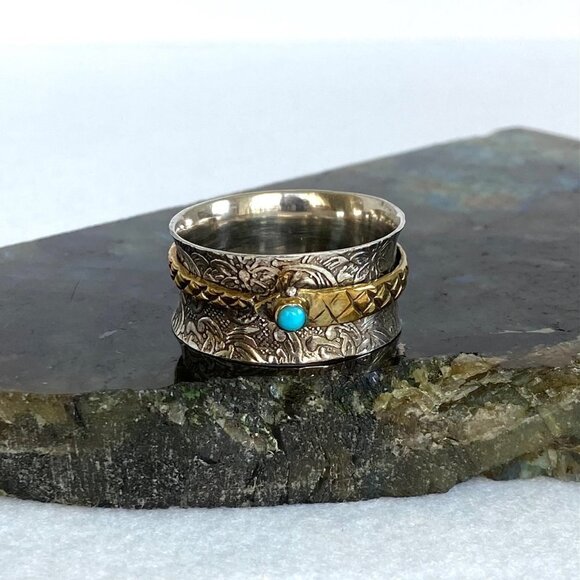 Sterling Silver 925 Embossed Brass Snake Turquoise Wide Spinner Band Ring 14.5 - Picture 12 of 16
